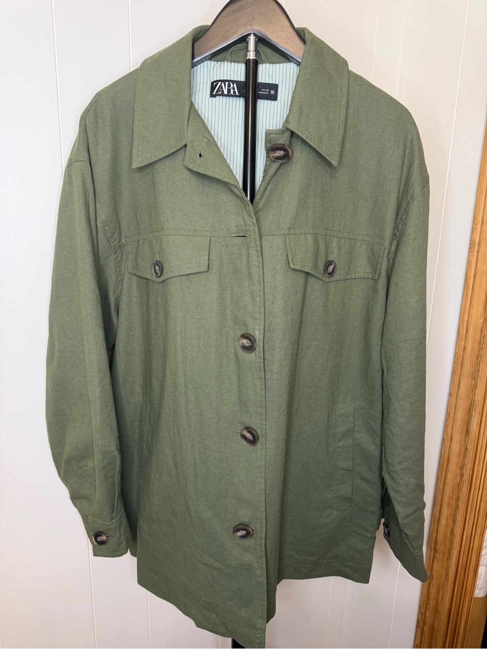 Zara Olive Utility Button-Front Jacket- Linen Look